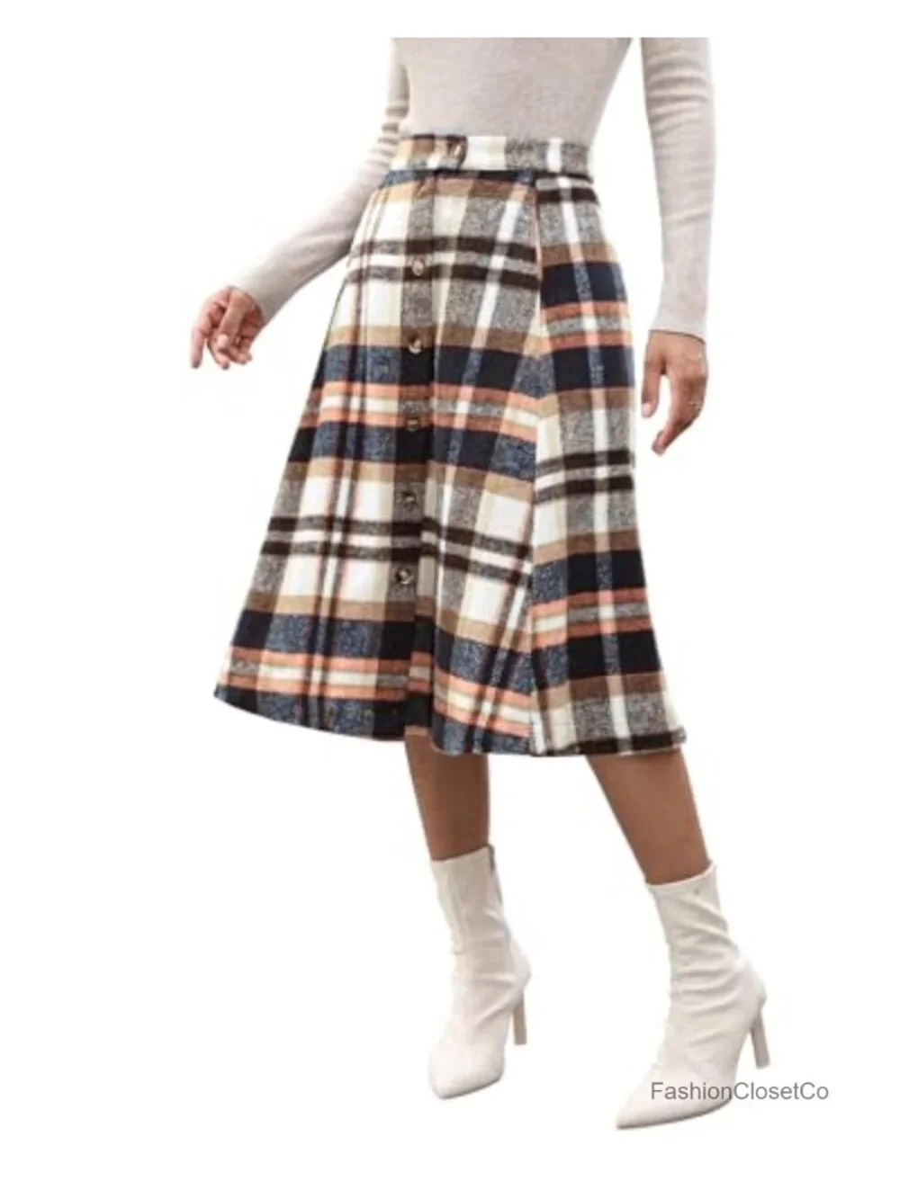 Women's High Waisted A-Line Plaid Midi Skirt with Pockets Fall Winter